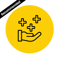 Illustration of hand outline on yellow background with plus signs floating, with recommended banner