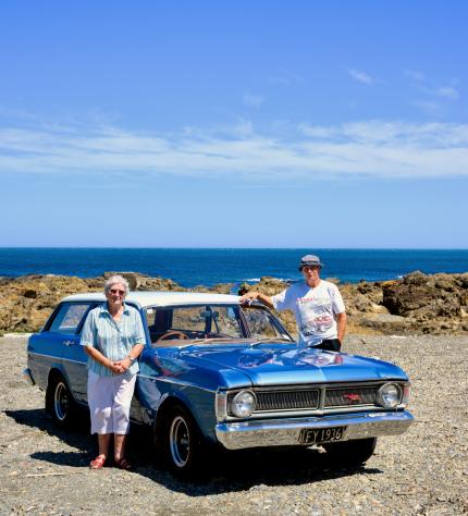 Jeanette and son Philip Baylis with the family's 1971 Ford Falcon