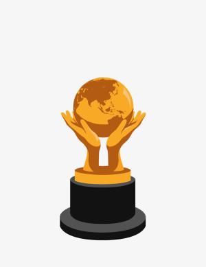 Illustration of a trophy. Hands holding a globe.