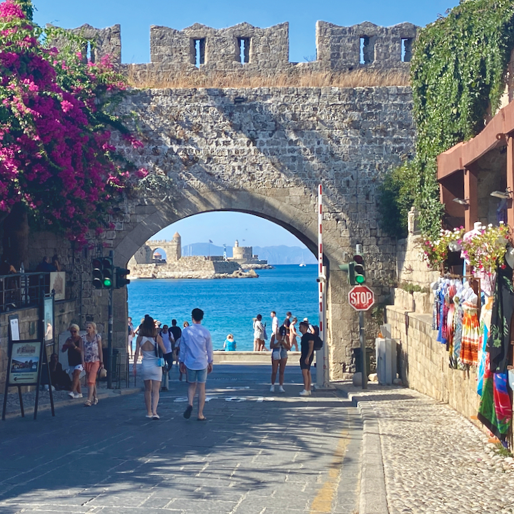 The view through the gate of Saint Catherine, Rhodes old town.