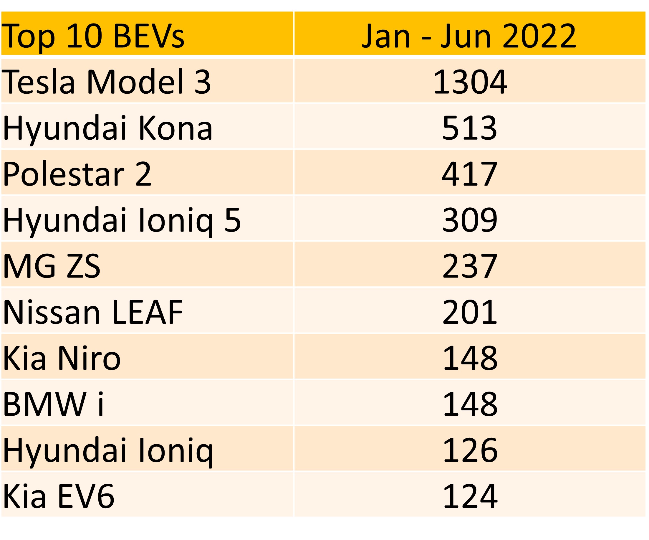 Top 10 BEVs 2022